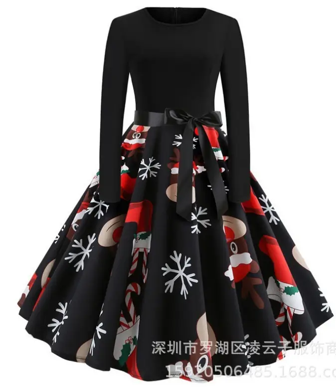 Black Christmas Print Long Sleeve Skirted Dress - Image 9