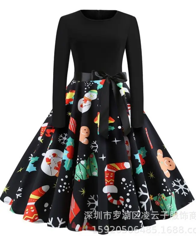 Black Christmas Print Long Sleeve Skirted Dress - Image 10