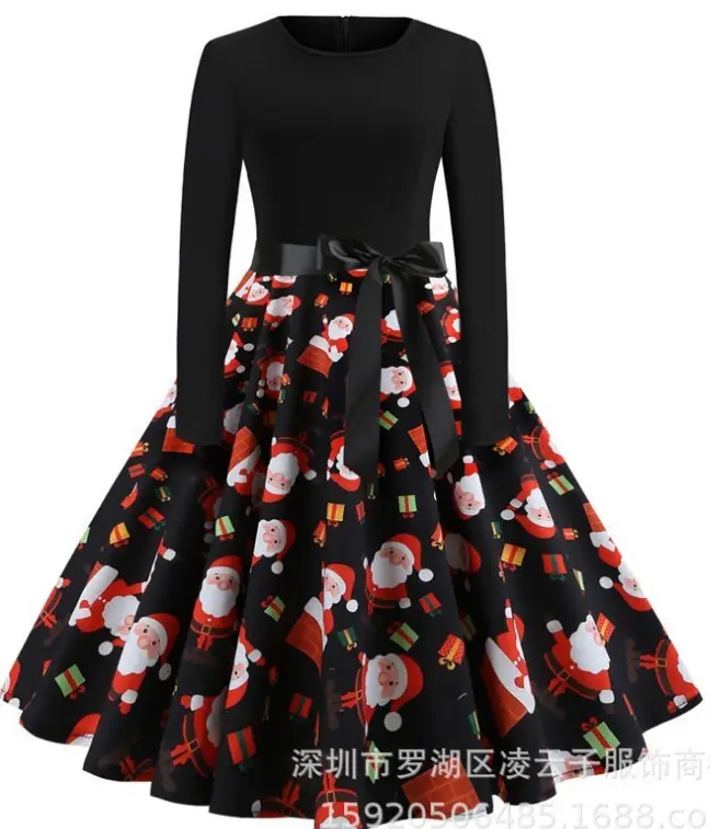 Black Christmas Print Long Sleeve Skirted Dress - Image 4