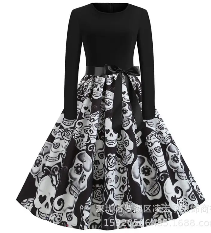 Black Christmas Print Long Sleeve Skirted Dress - Image 5