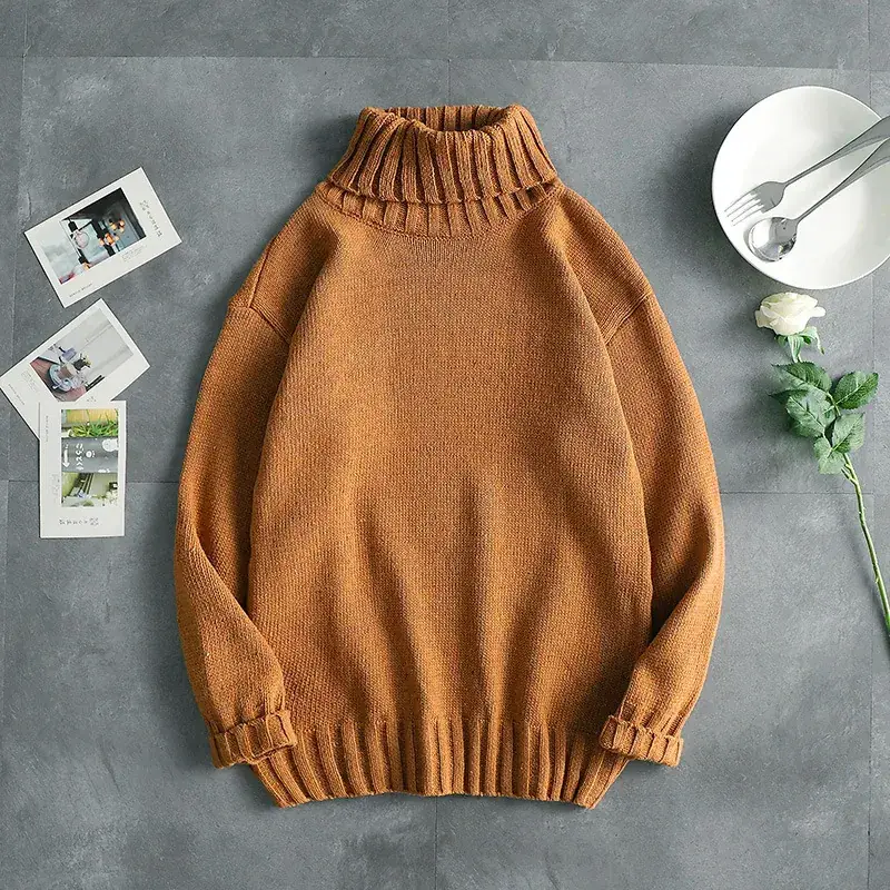 Korean Style Men's Turtle Neck Sweater Long Sleeve Brown - Image 3