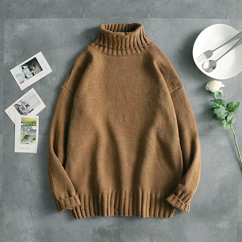 Korean Style Men's Turtle Neck Sweater Long Sleeve Brown - Image 4