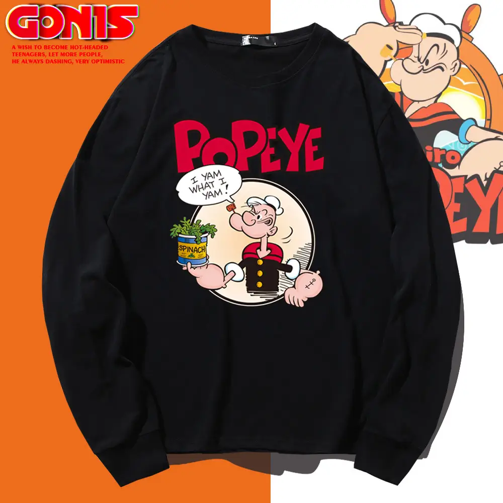 Men Popye Cartoon Long Sleeve T-Shirt Black