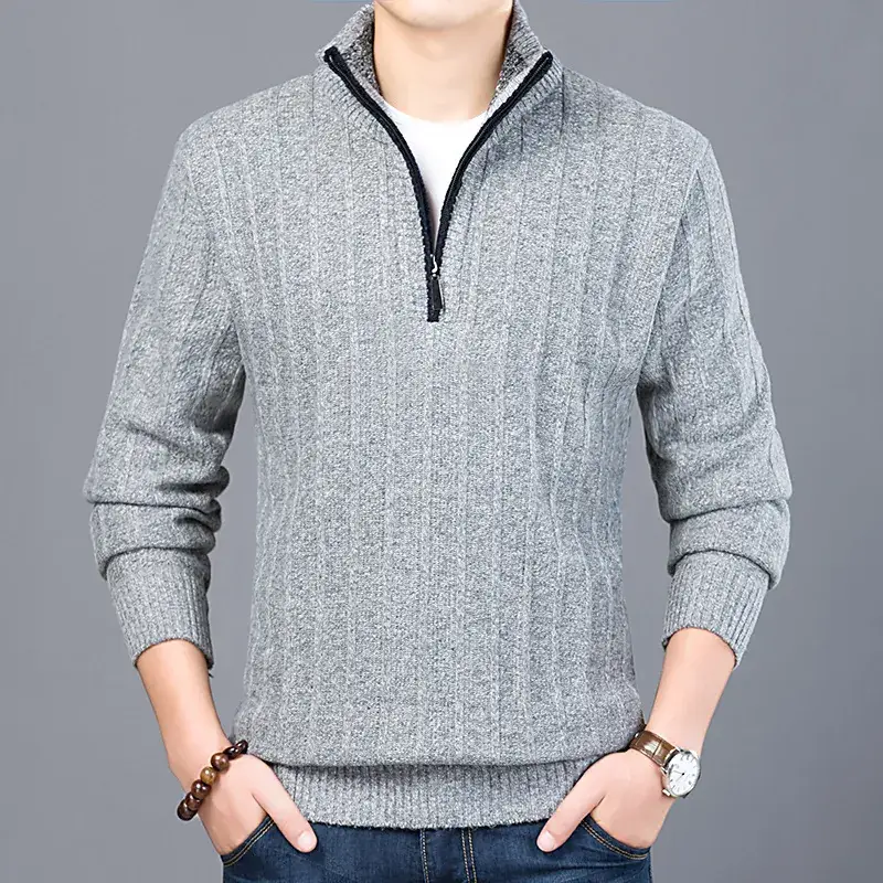Men's Grey Knit Half-Zip Sweater 2019 Winter - Image 6