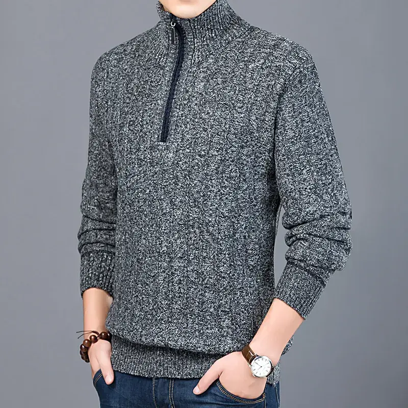 Men's Grey Knit Half-Zip Sweater 2019 Winter - Image 7