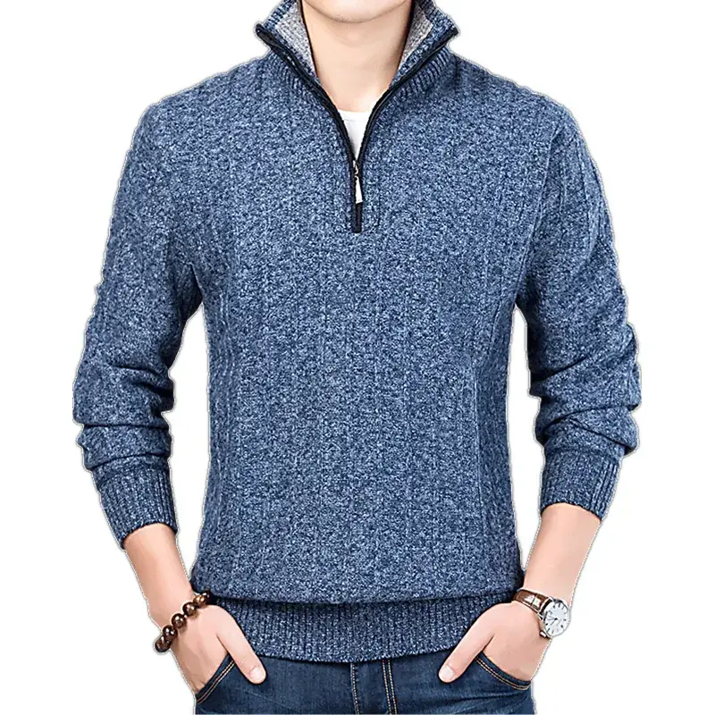 Men's Grey Knit Half-Zip Sweater 2019 Winter - Image 8