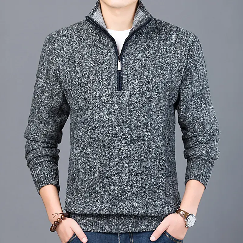 Men's Grey Knit Half-Zip Sweater 2019 Winter - Image 2