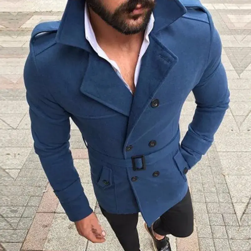 Men's Cross-Border Woolen Windbreaker Double Breasted Belt - Image 4