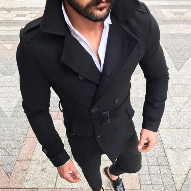 Men's Cross-Border Woolen Windbreaker Double Breasted Belt - Image 5
