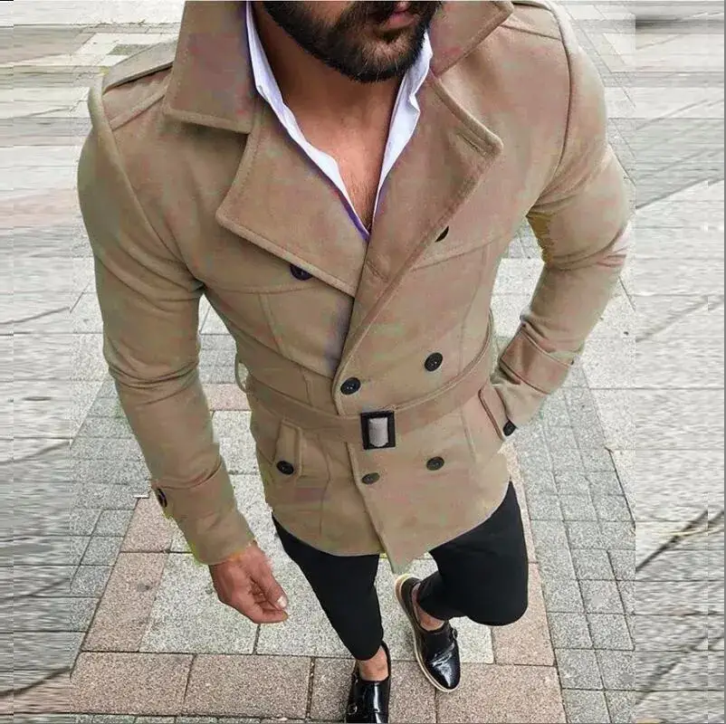 Men's Cross-Border Woolen Windbreaker Double Breasted Belt - Image 6