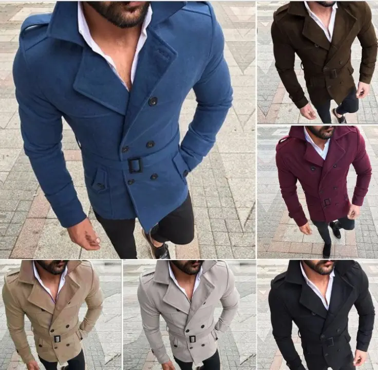 Men's Cross-Border Woolen Windbreaker Double Breasted Belt — feature 2
