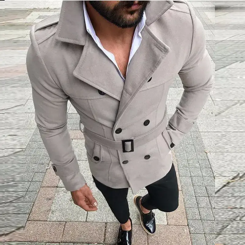 Men's Cross-Border Woolen Windbreaker Double Breasted Belt - Image 2