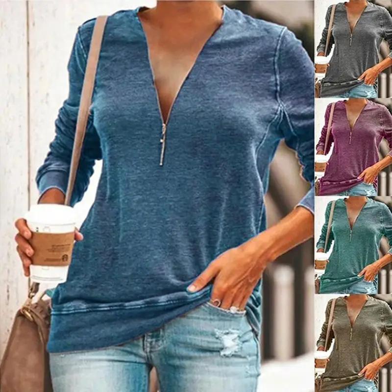 2025 Women Grey V-Neck Zipper T-Shirt Large - Image 6