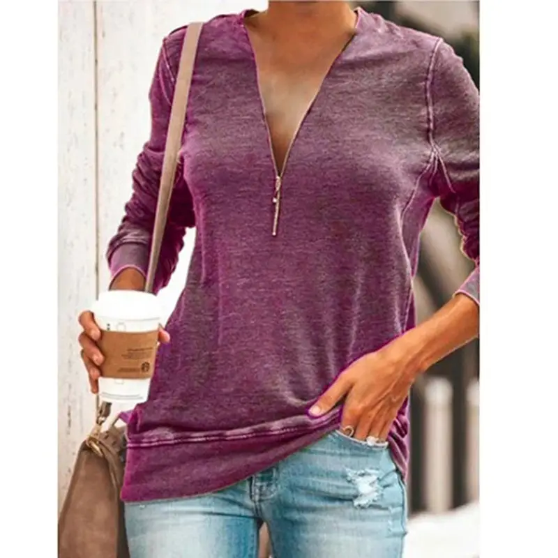 2025 Women Grey V-Neck Zipper T-Shirt Large - Image 2