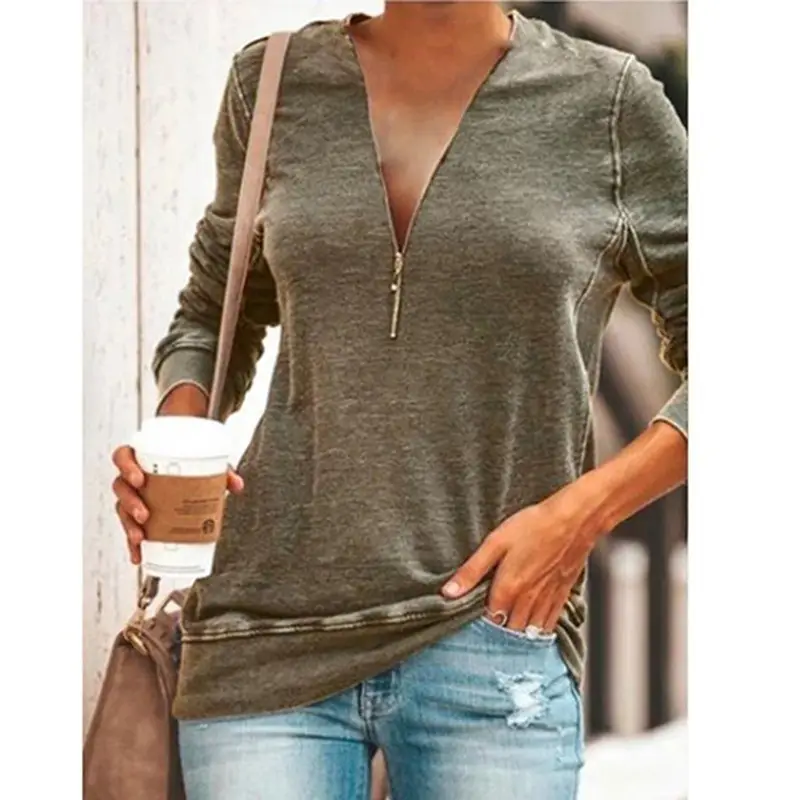 2025 Women Grey V-Neck Zipper T-Shirt Large - Image 7