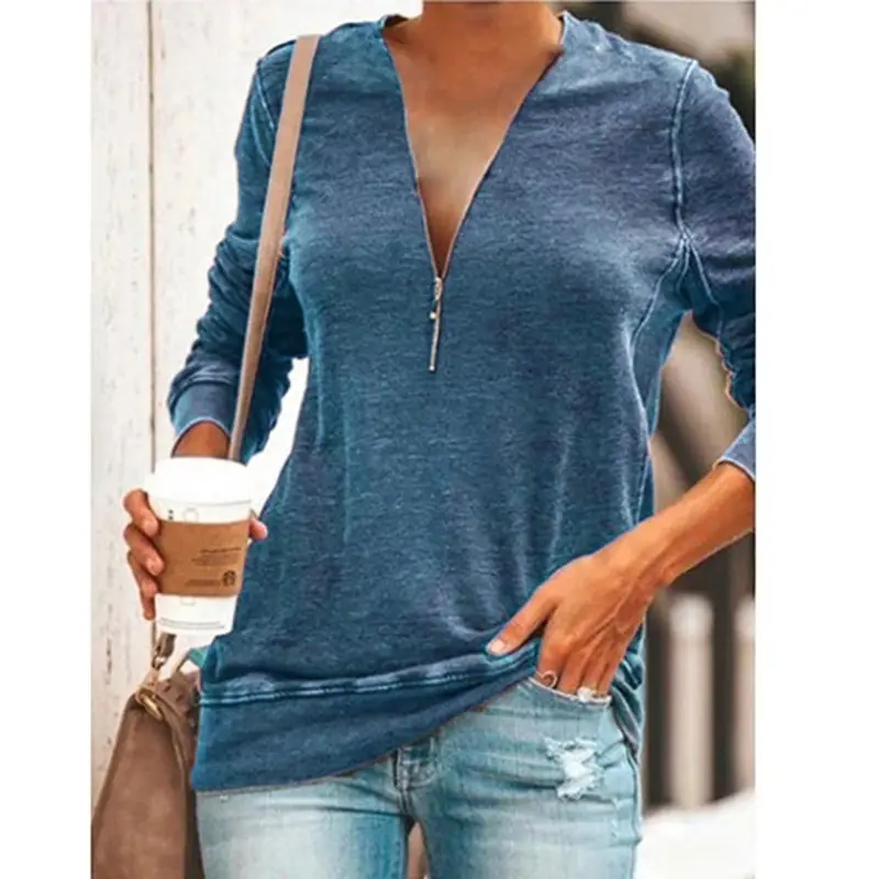 2025 Women Grey V-Neck Zipper T-Shirt Large - Image 4