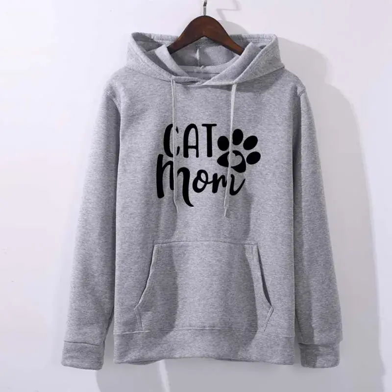 Gray Cat Mom Hooded Sweatshirt Long Sleeve