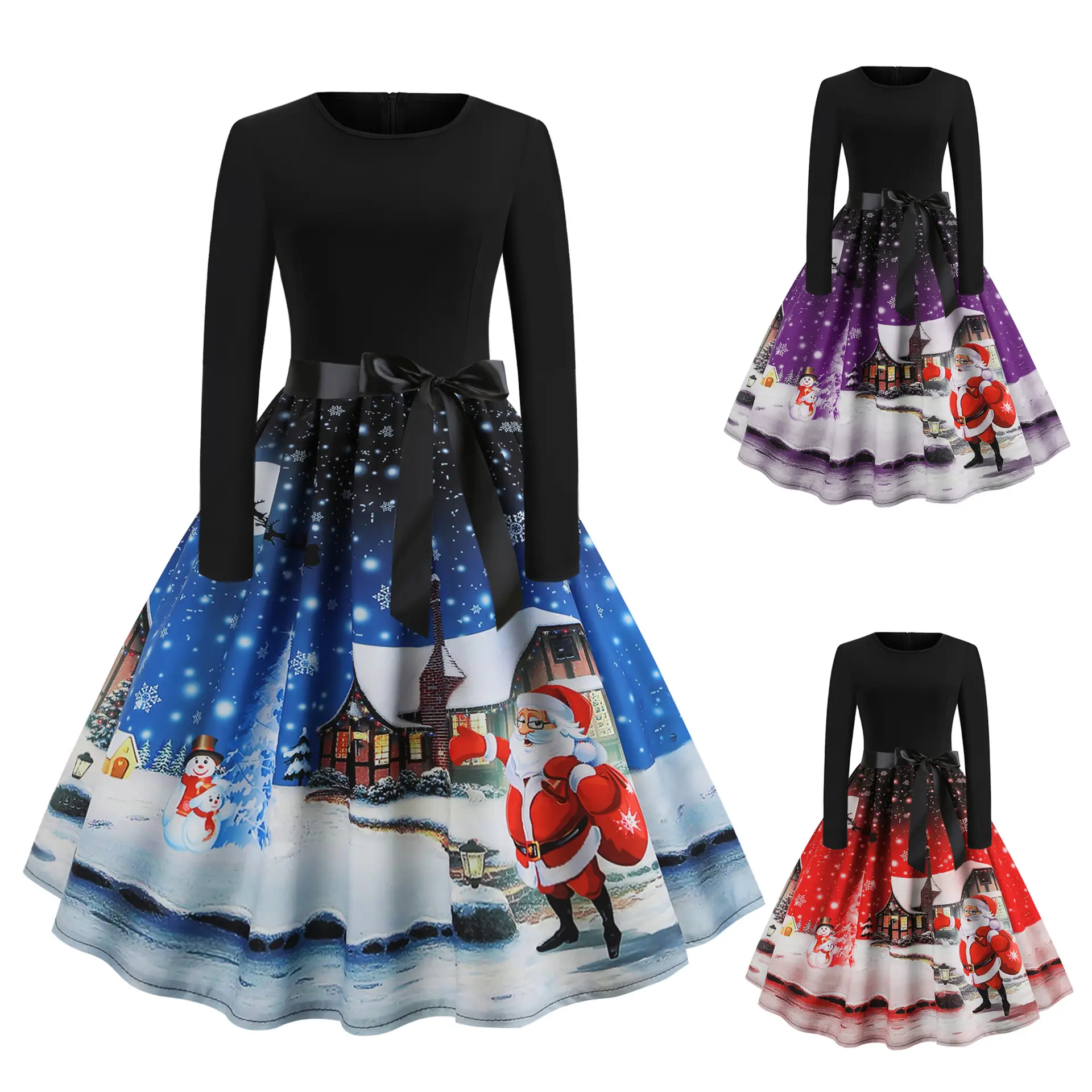 Christmas Print Long Sleeve Skirt Dress Black Red - Image 4
