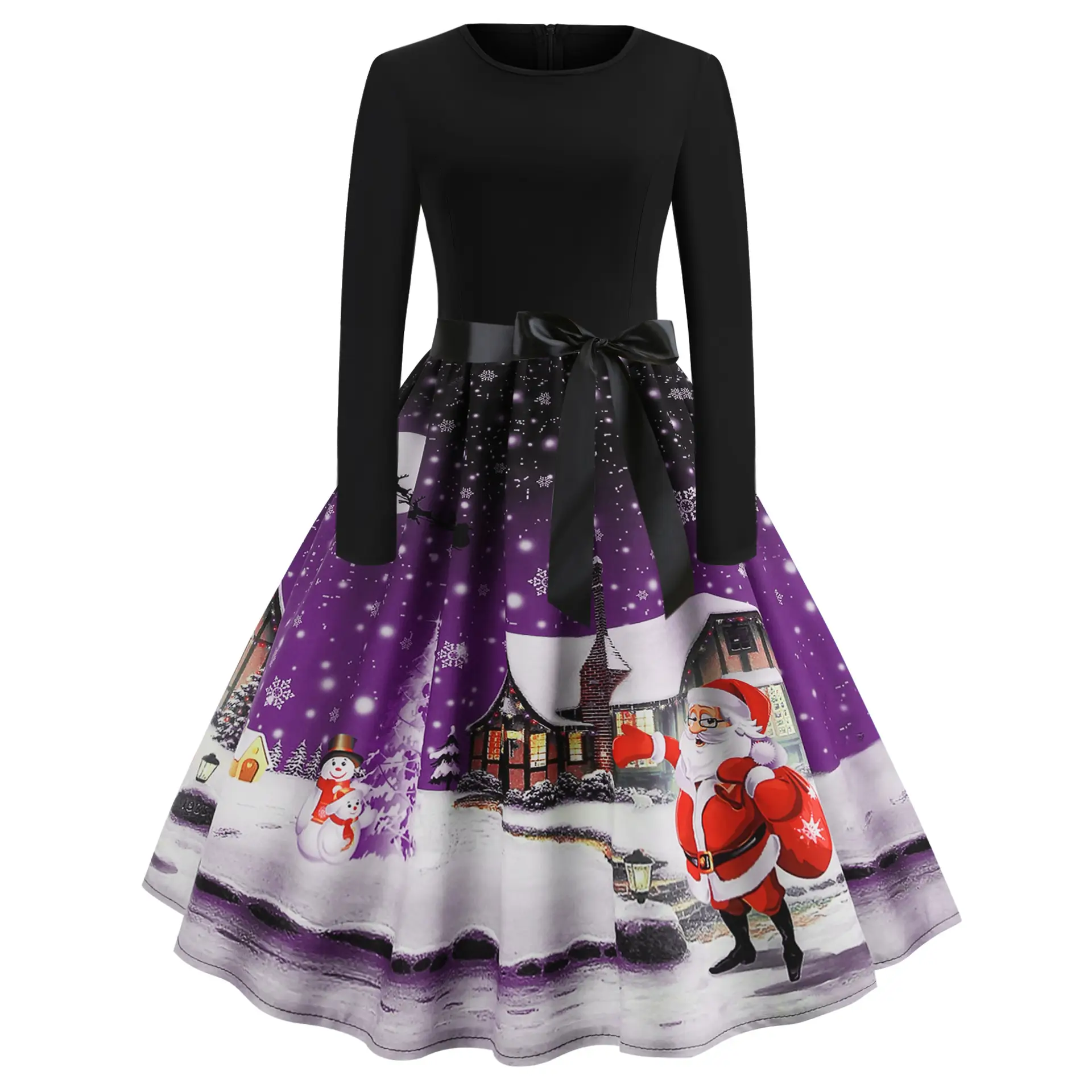 Christmas Print Long Sleeve Skirt Dress Black Red - Image 6