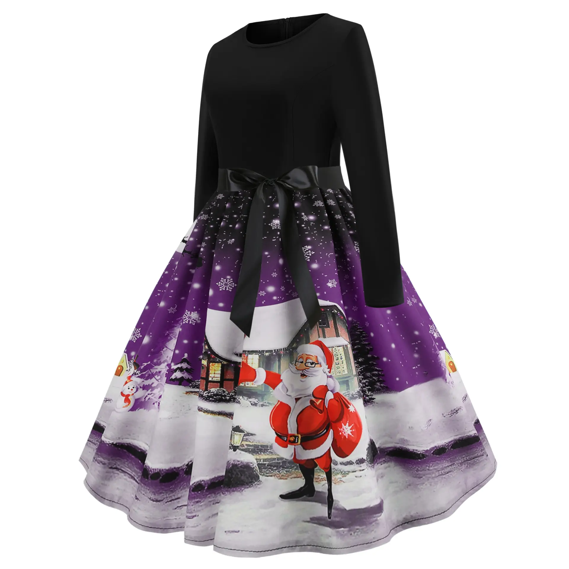 Christmas Print Long Sleeve Skirt Dress Black Red — feature 13