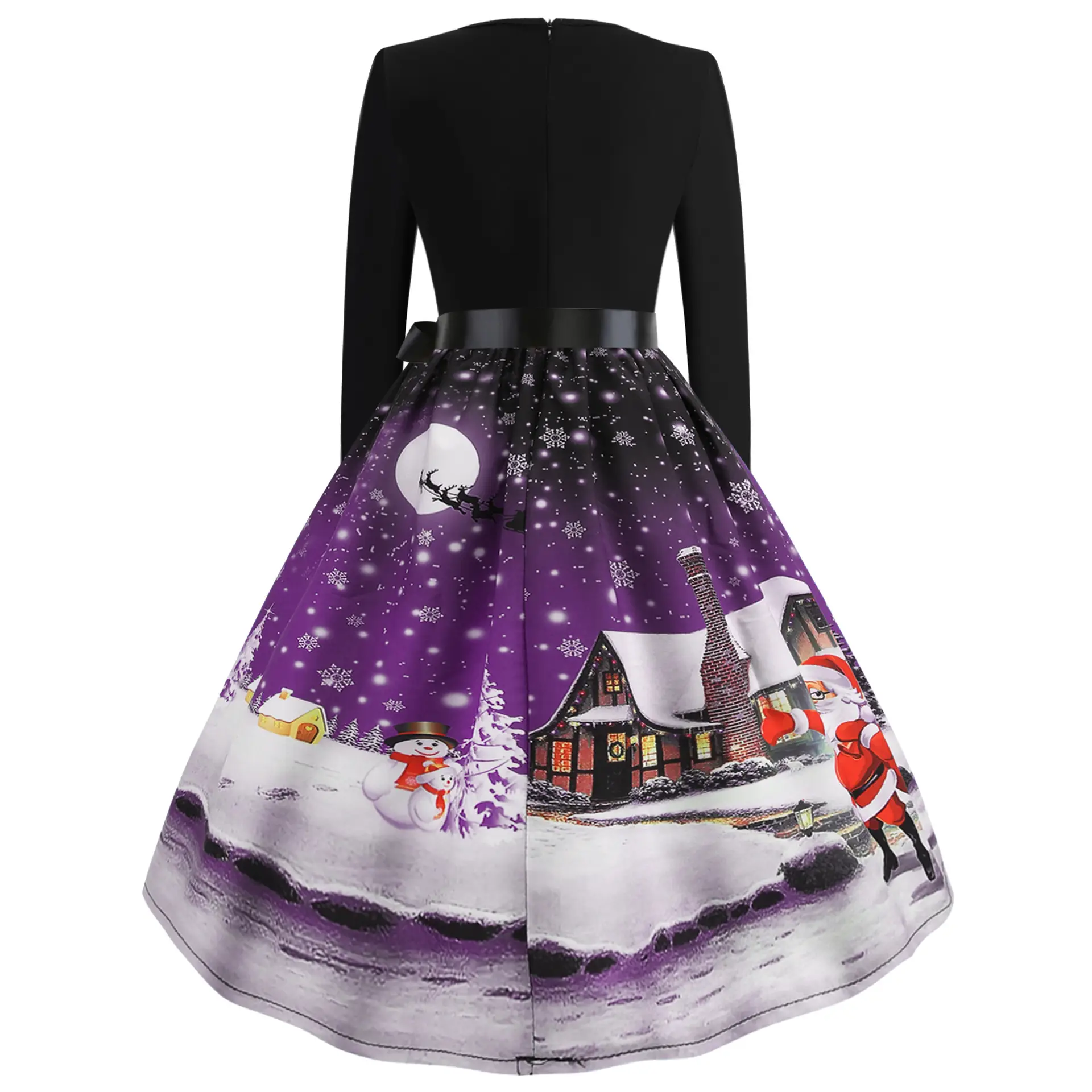 Christmas Print Long Sleeve Skirt Dress Black Red — feature 14