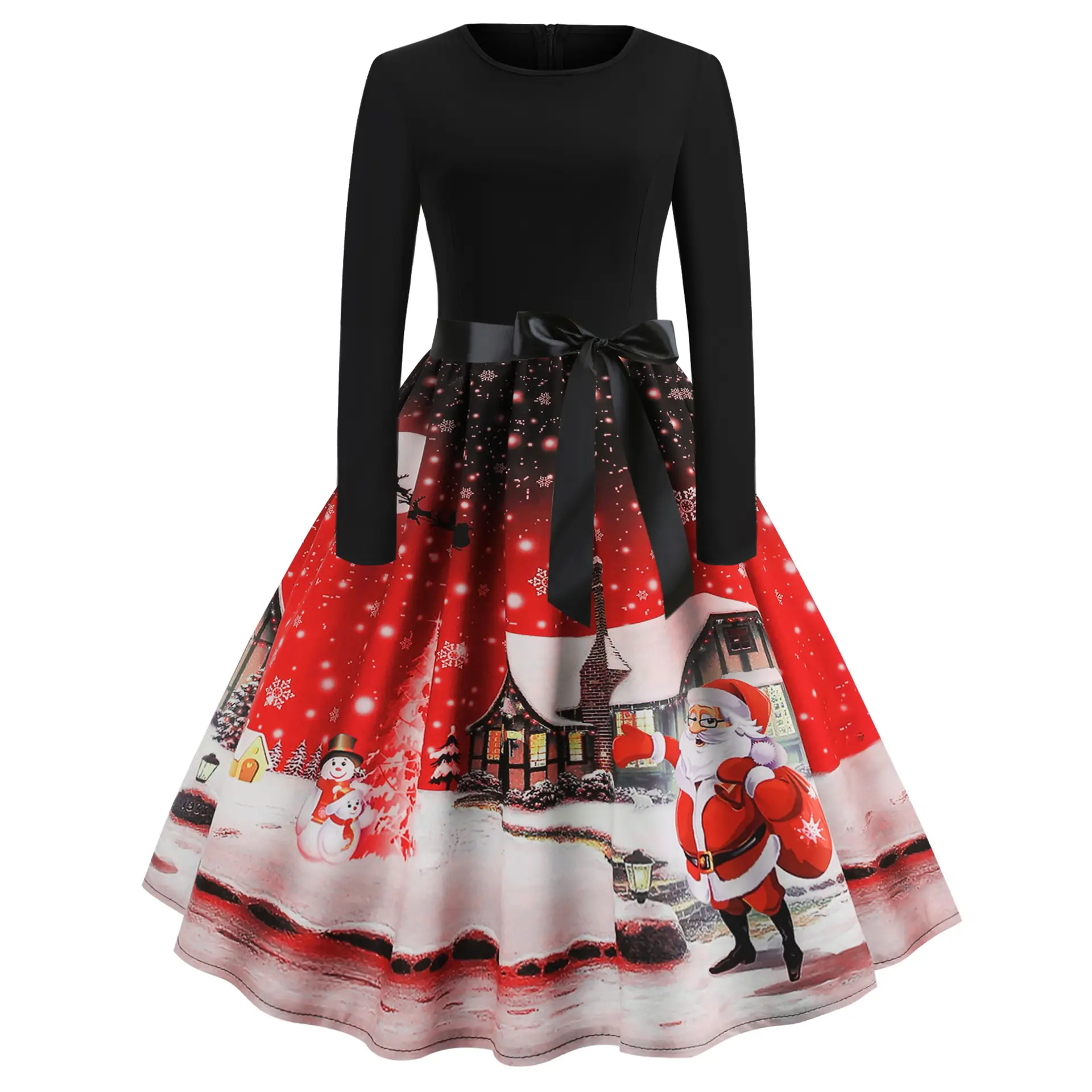 Christmas Print Long Sleeve Skirt Dress Black Red — feature 20