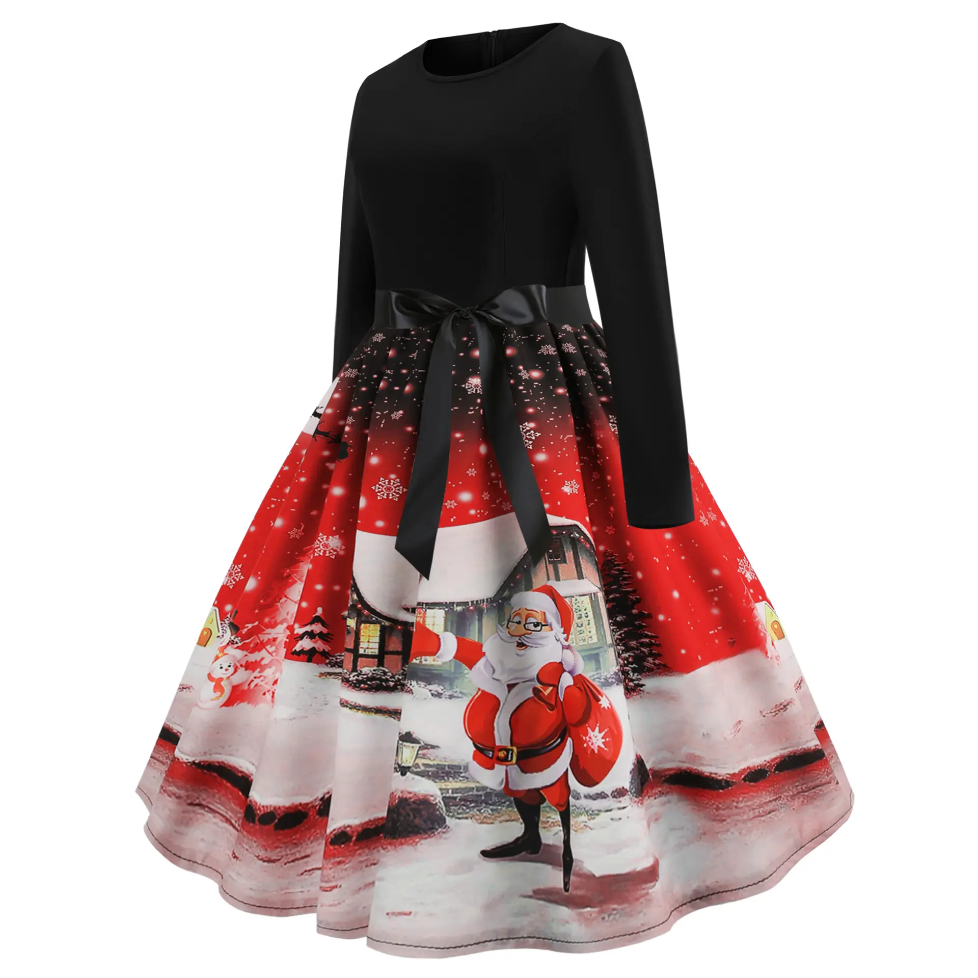 Christmas Print Long Sleeve Skirt Dress Black Red — feature 21