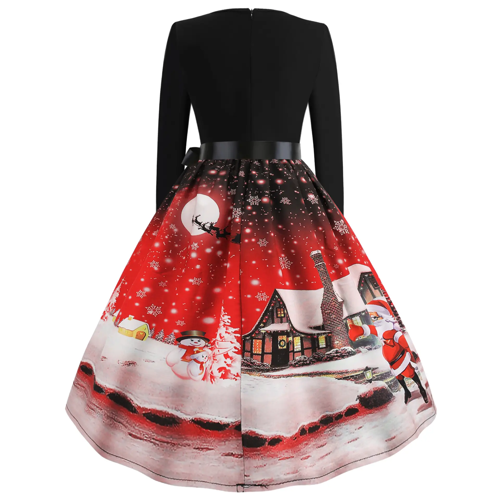 Christmas Print Long Sleeve Skirt Dress Black Red — feature 22