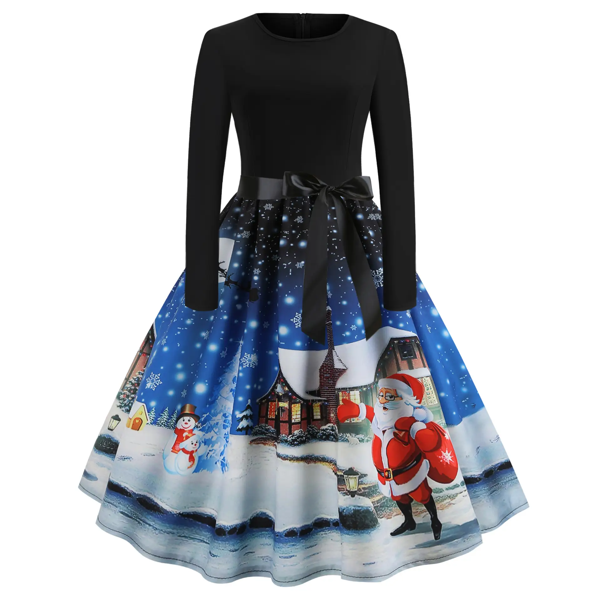 Christmas Print Long Sleeve Skirt Dress Black Red — feature 4