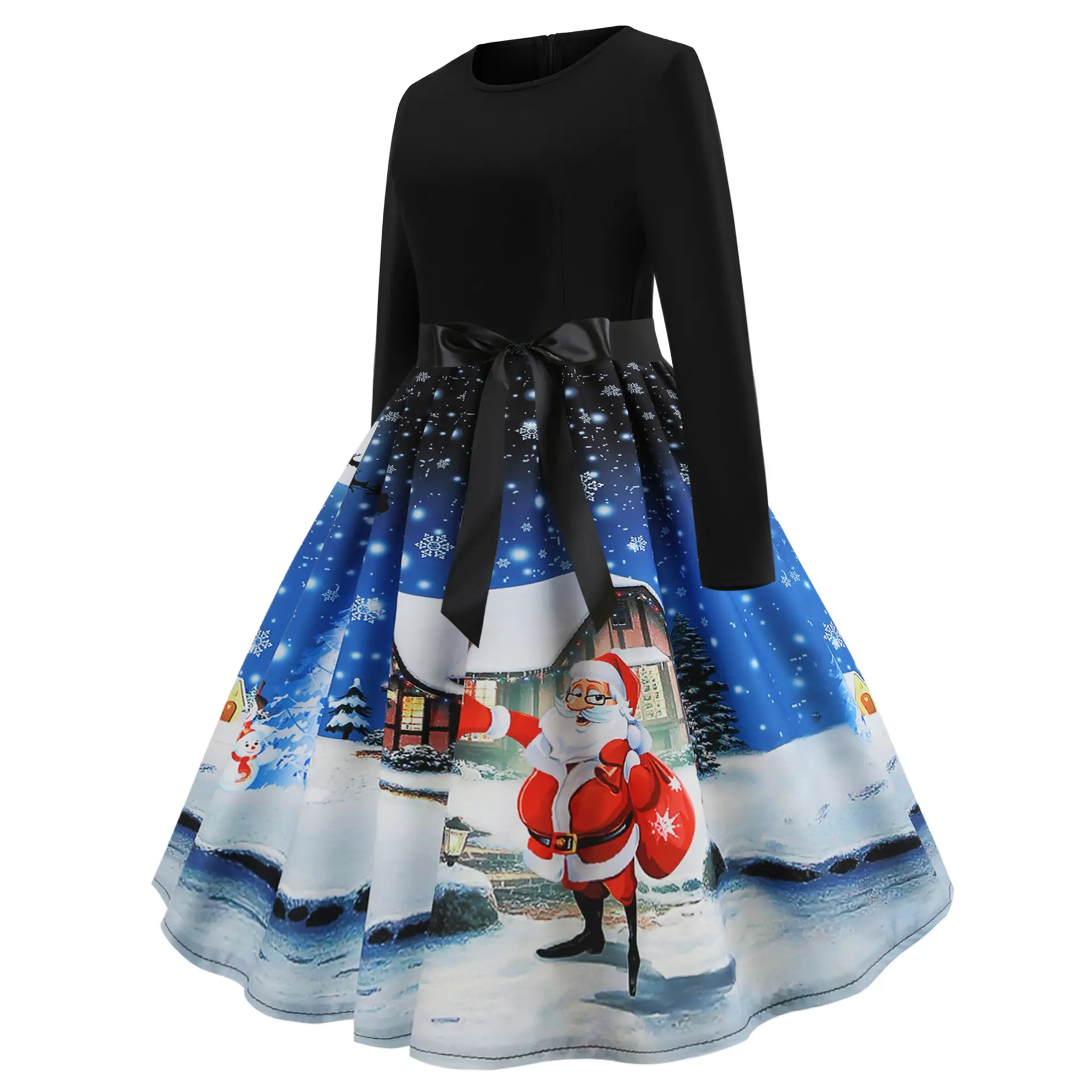 Christmas Print Long Sleeve Skirt Dress Black Red — feature 5