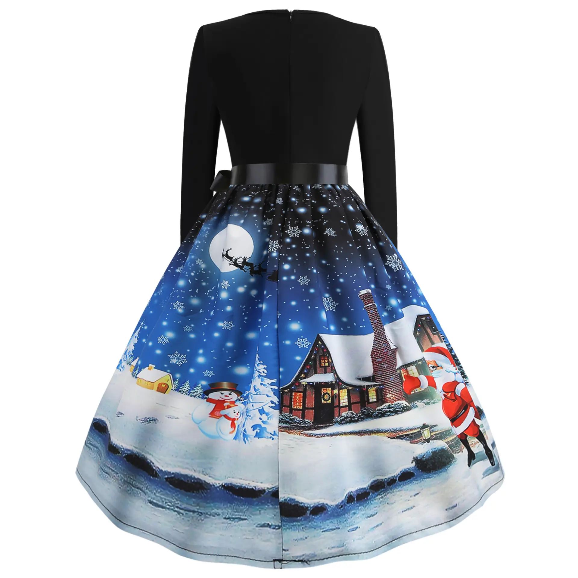Christmas Print Long Sleeve Skirt Dress Black Red — feature 6