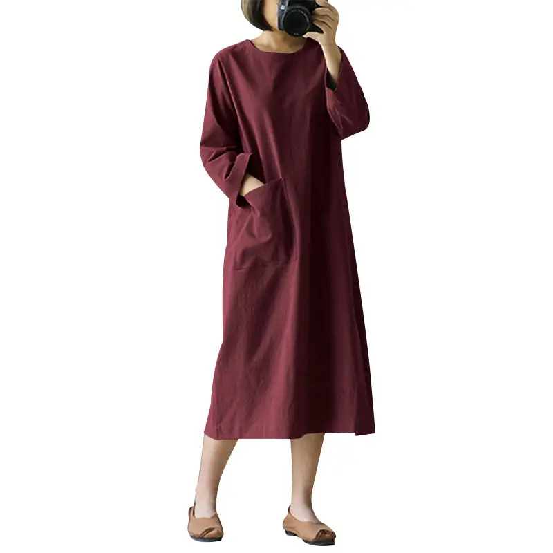Long Sleeve Cotton Linen Dress Large Women
