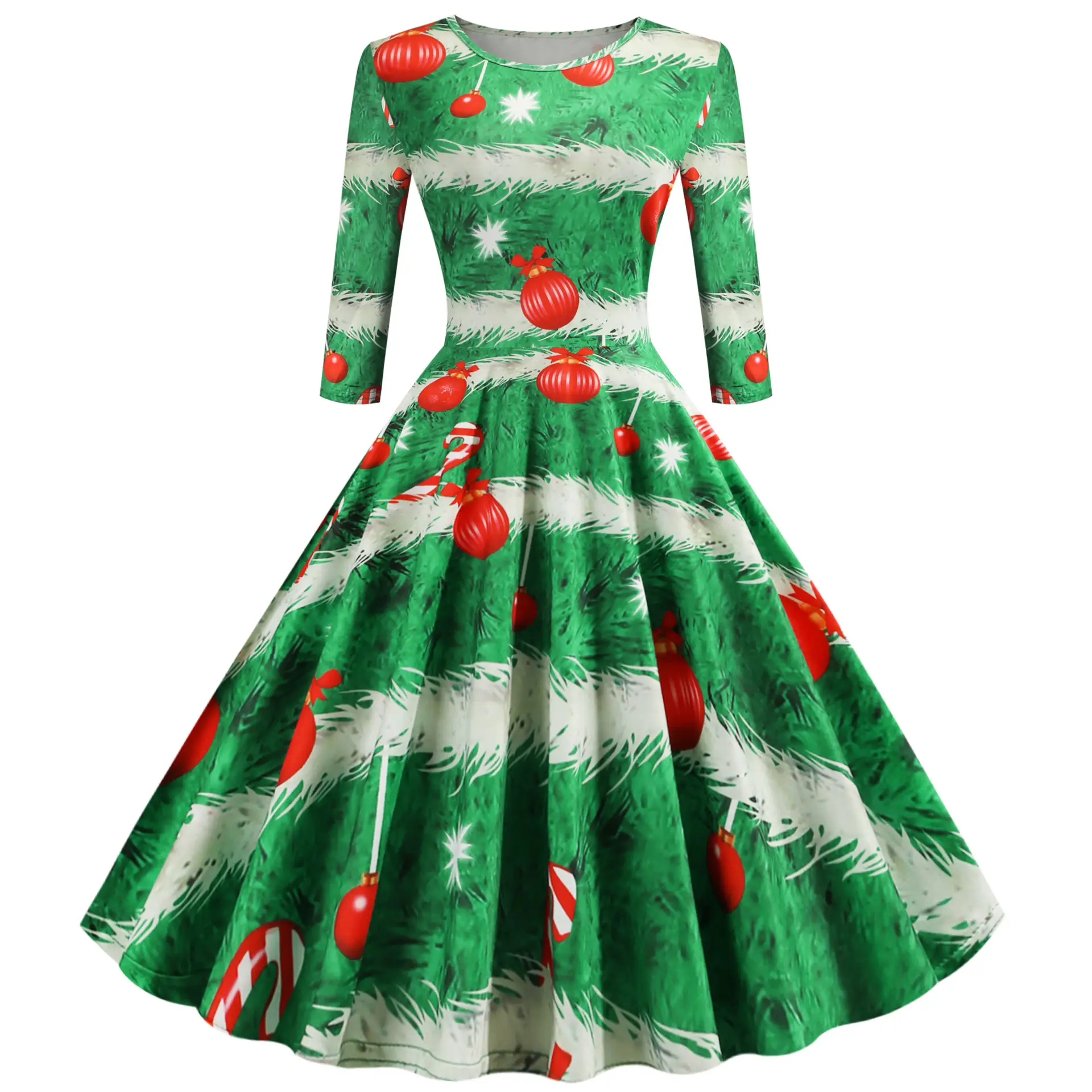 2019 Christmas Mid Sleeve Printed A-Line Dress Green Red - Image 2