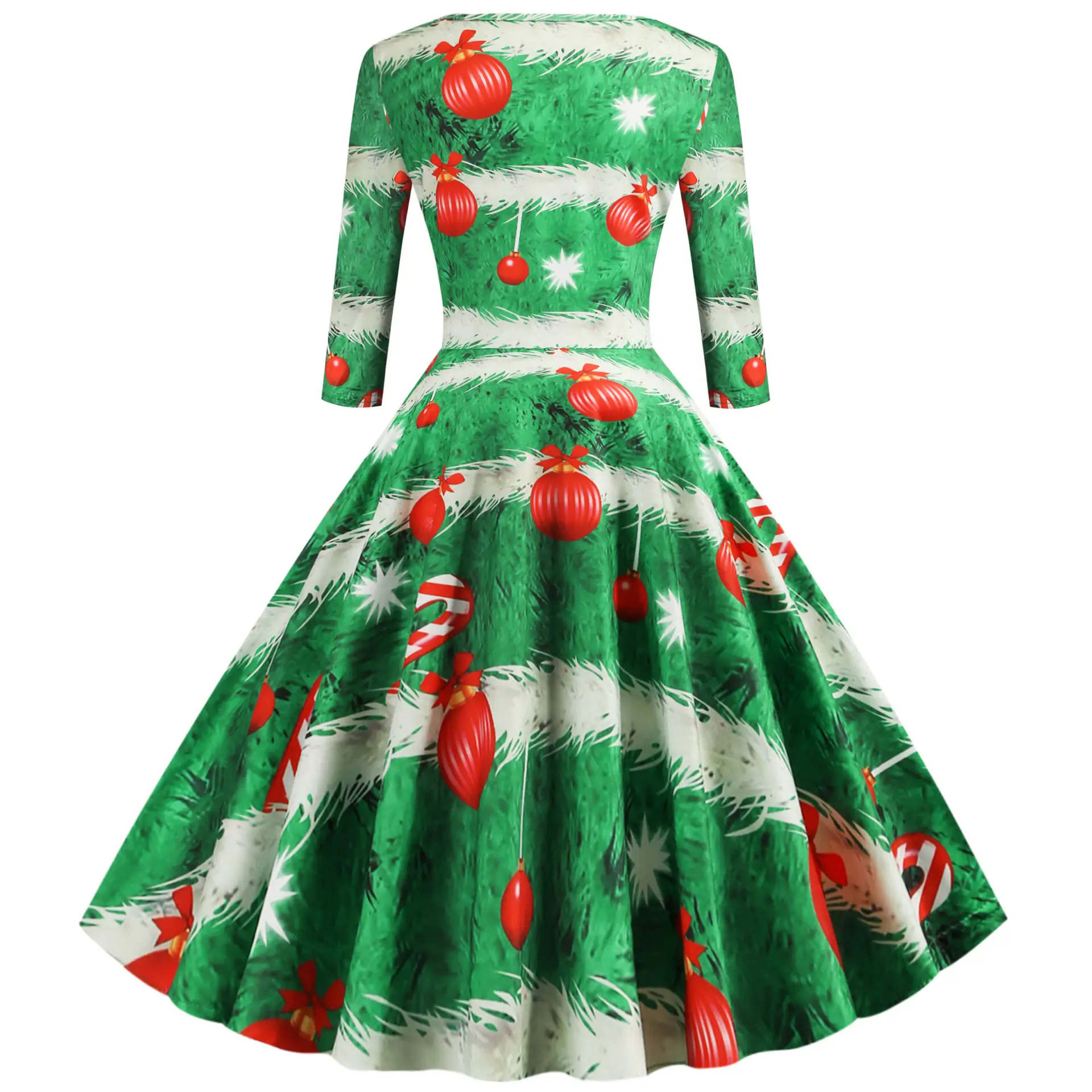 2019 Christmas Mid Sleeve Printed A-Line Dress Green Red - Image 4