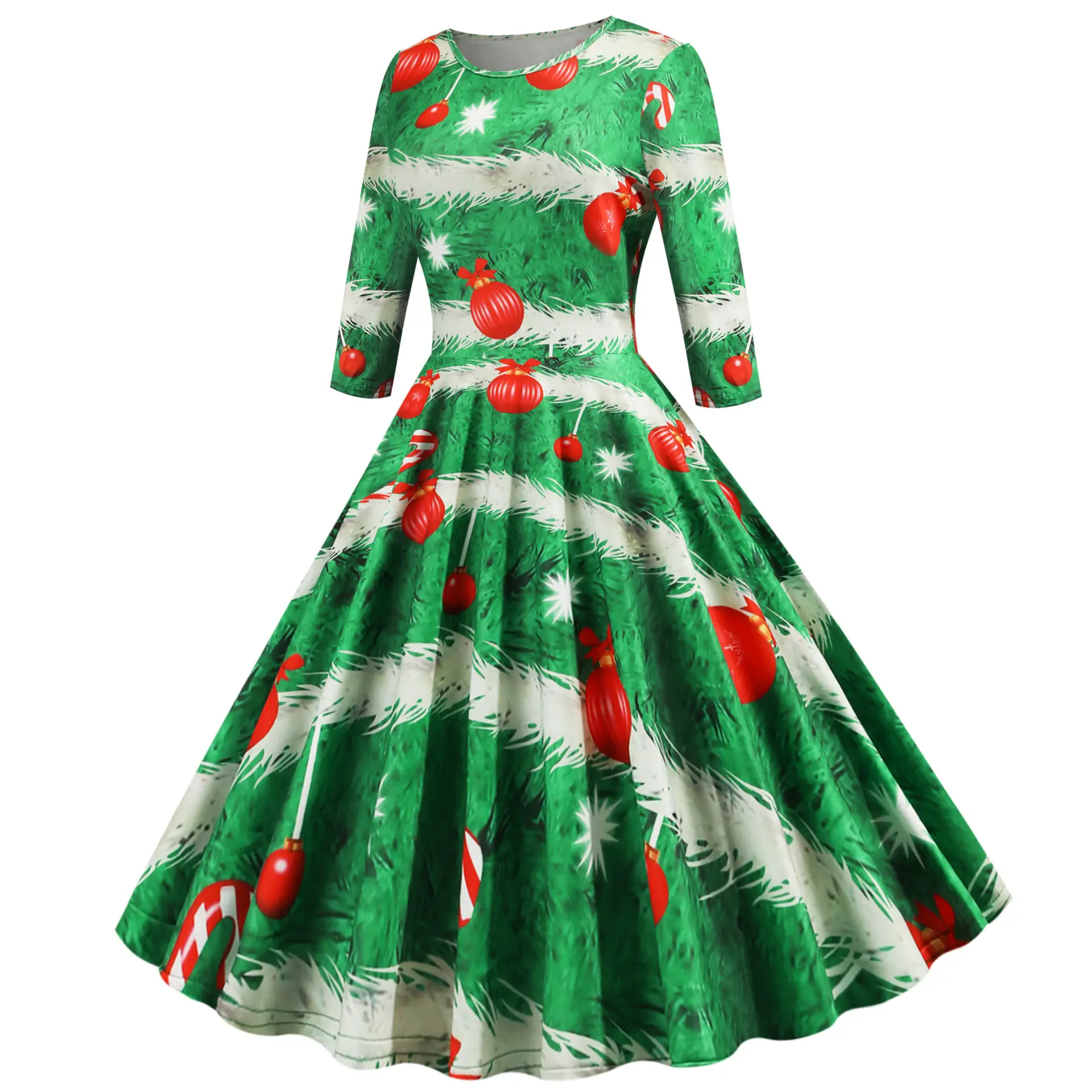 2019 Christmas Mid Sleeve Printed A-Line Dress Green Red — feature 4