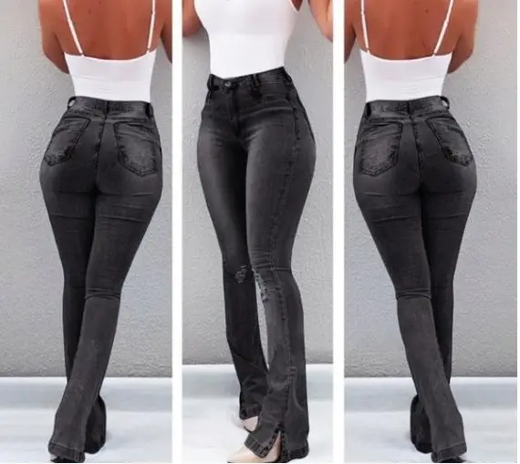 2019 Wide Foot High Waist Elastic Hole Jeans Women