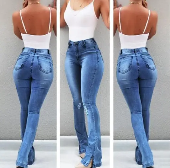 2019 Wide Foot High Waist Elastic Hole Jeans Women