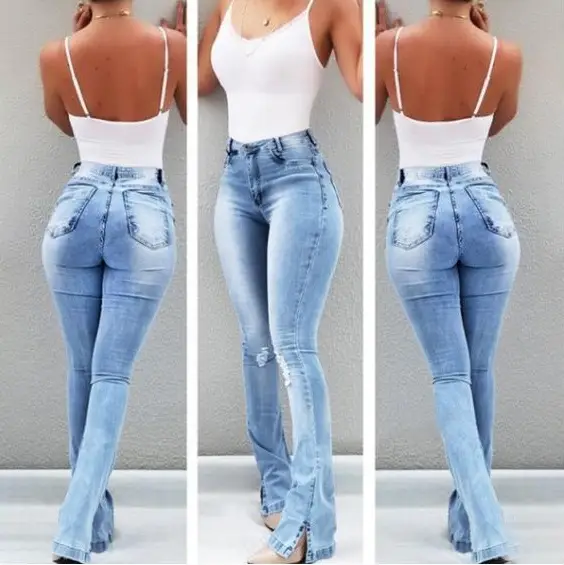 2019 Wide Foot High Waist Elastic Hole Jeans Women