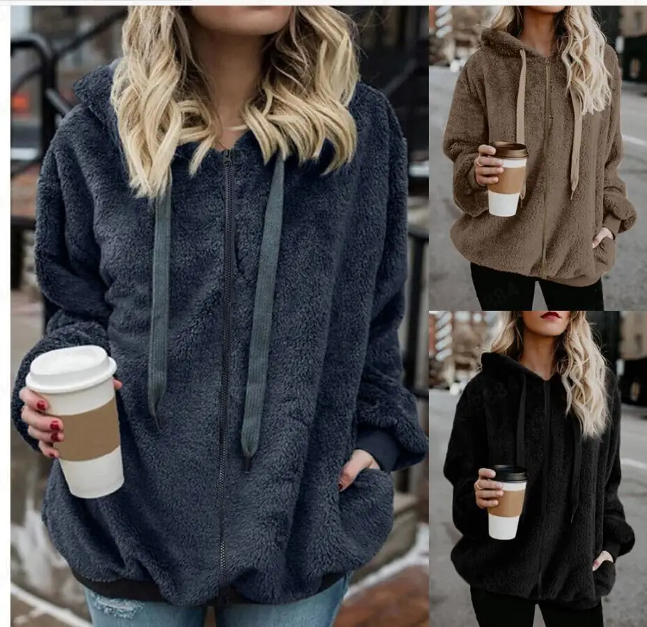 2019 Hooded Women's Sweater Jacket Long Sleeve Fleece - Image 4