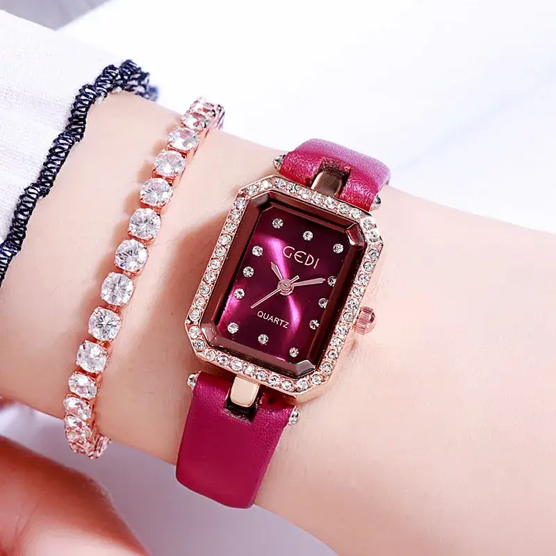 Red Square Watch with Diamond Bracelet Set for Women