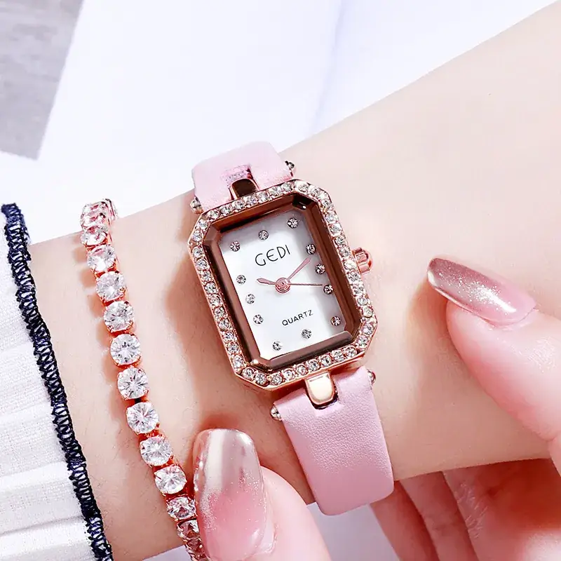 Red Square Watch with Diamond Bracelet Set for Women