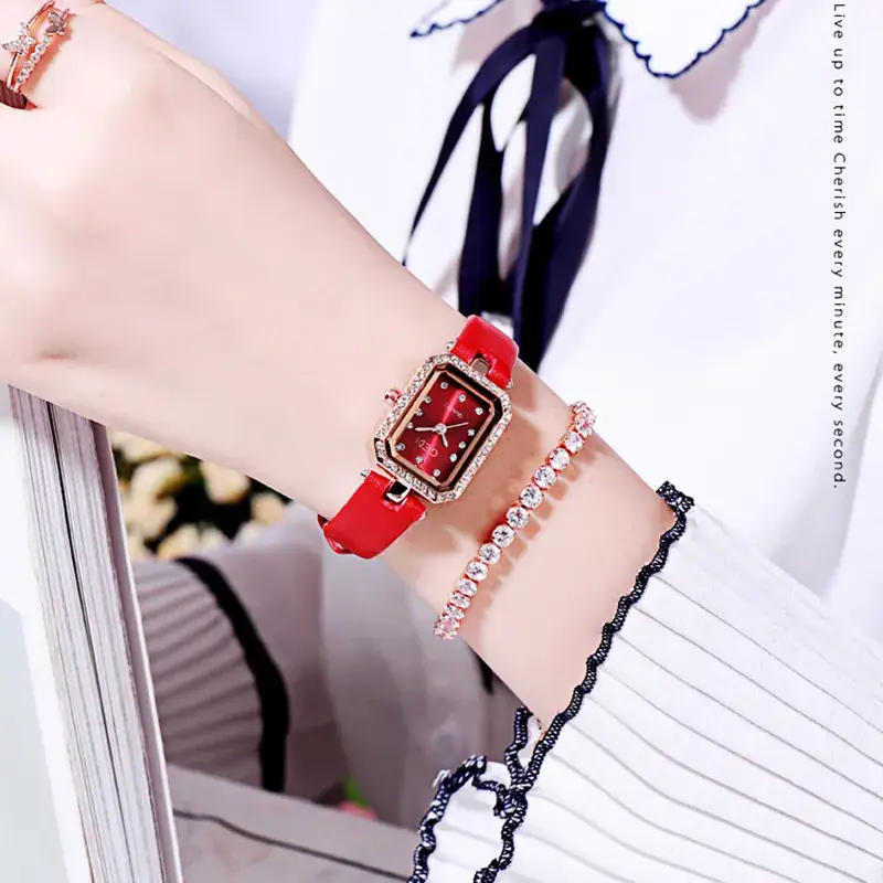 Red Square Watch with Diamond Bracelet Set for Women