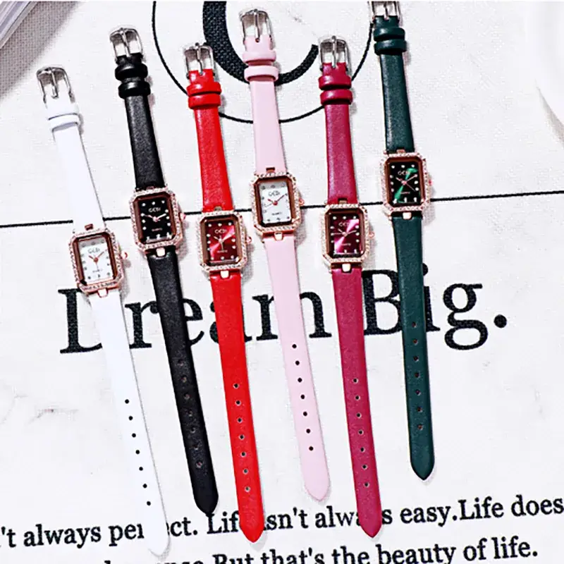 Red Square Watch with Diamond Bracelet Set for Women