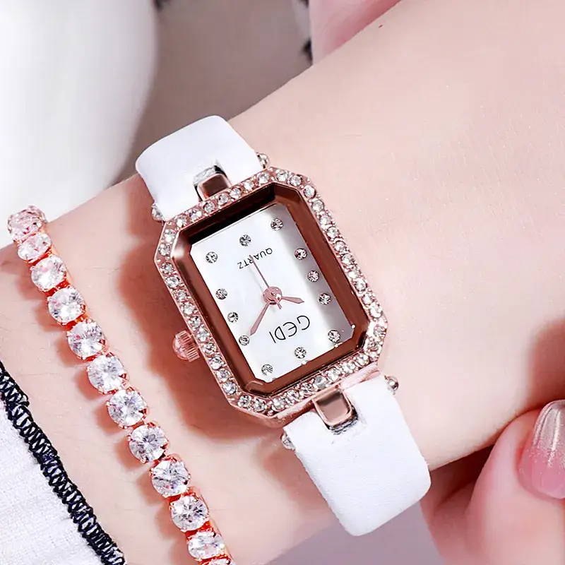 Red Square Watch with Diamond Bracelet Set for Women