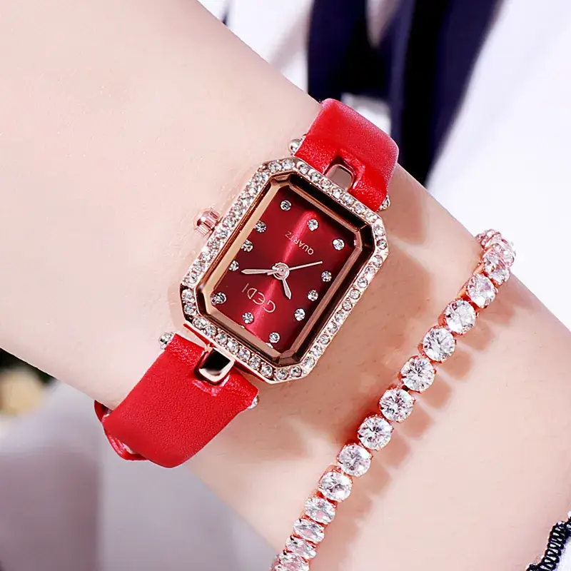 Red Square Watch with Diamond Bracelet Set for Women