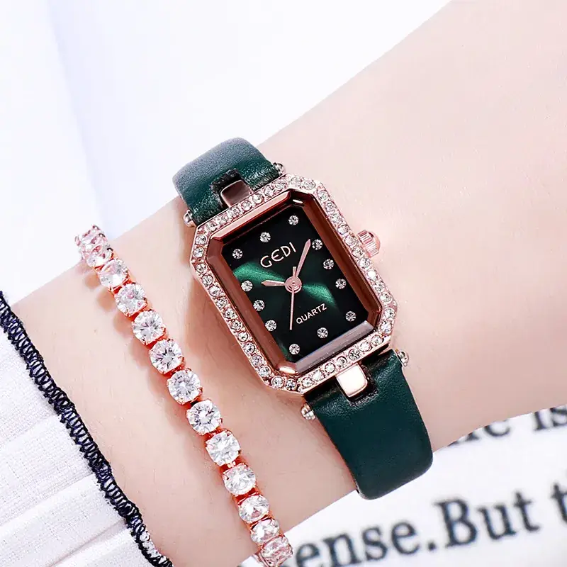 Red Square Watch with Diamond Bracelet Set for Women