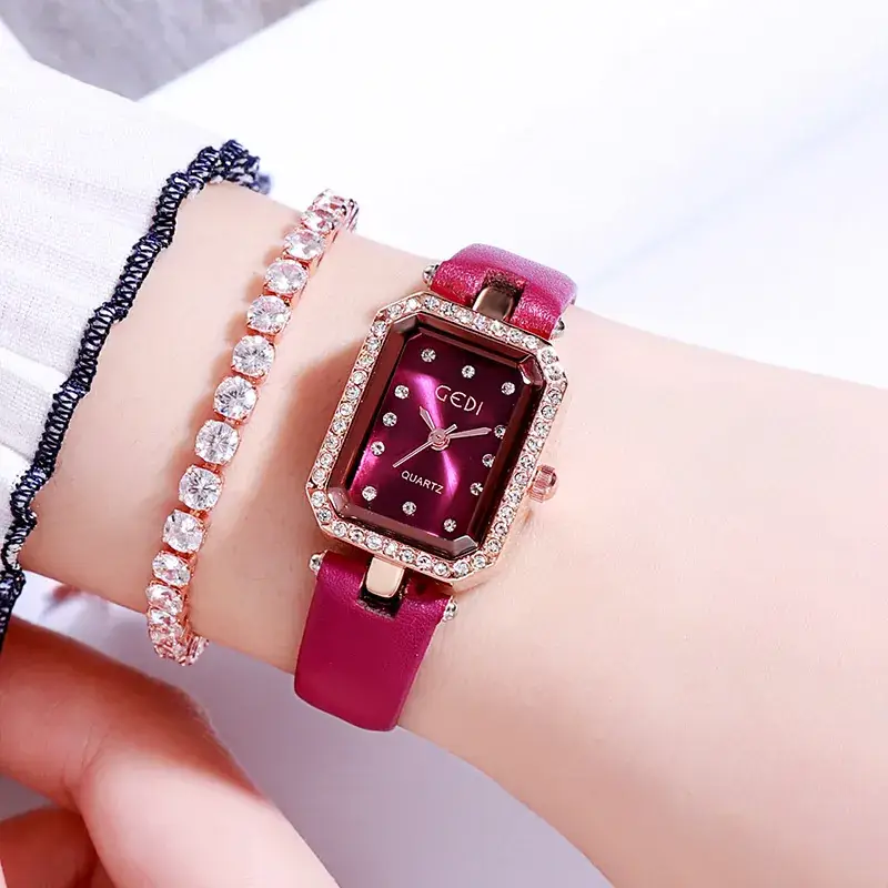Red Square Watch with Diamond Bracelet Set for Women
