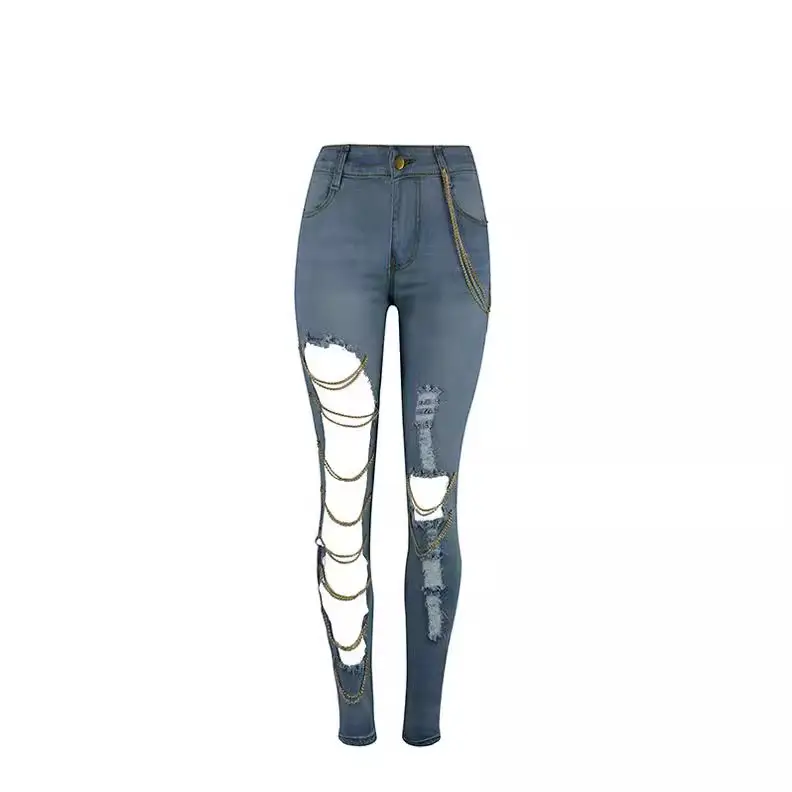 Women Exaggerated Big Ripped Jeans Chain Hanging Leg Pants