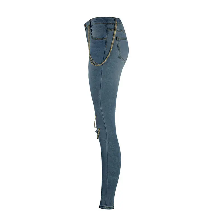 Women Exaggerated Big Ripped Jeans Chain Hanging Leg Pants