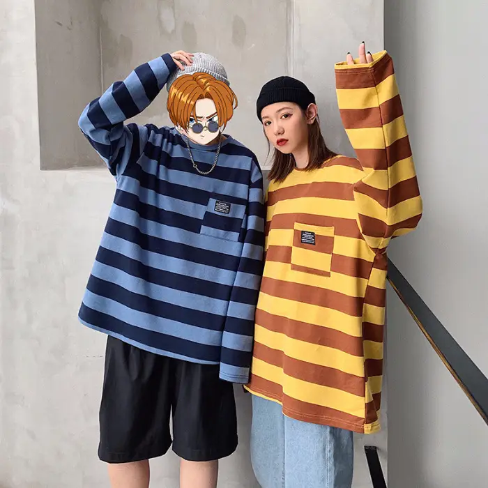 Women Striped Long Sleeve T-Shirt Blue Brown Yellow 2019 - Image 5